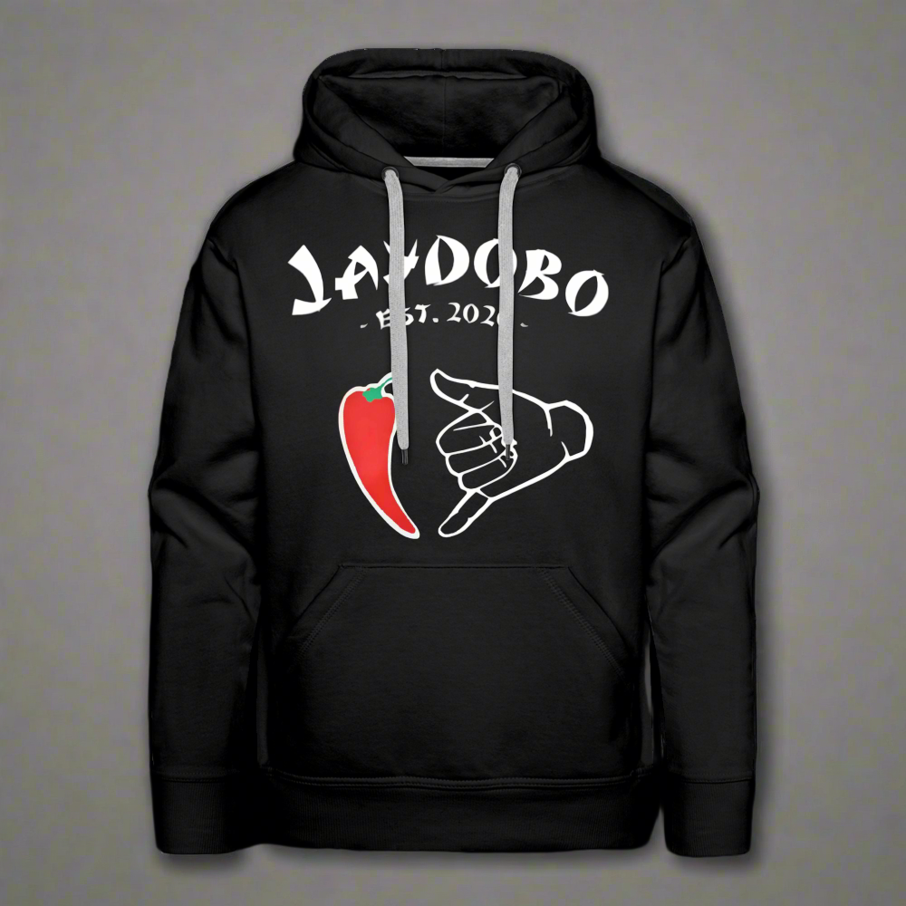 A black premium hoodie with the Jaydobo logo, featuring a red pepper and "hang loose" hand gesture.