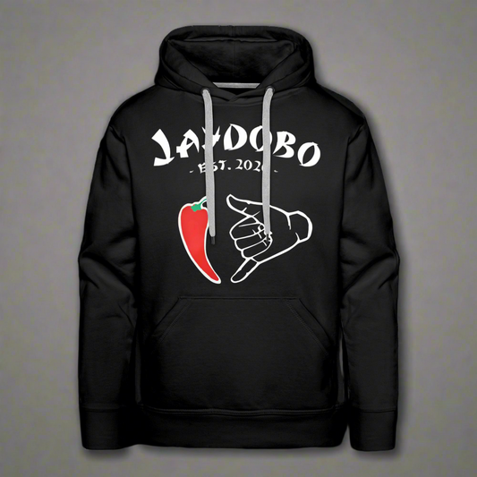 A black premium hoodie with the Jaydobo logo, featuring a red pepper and "hang loose" hand gesture.
