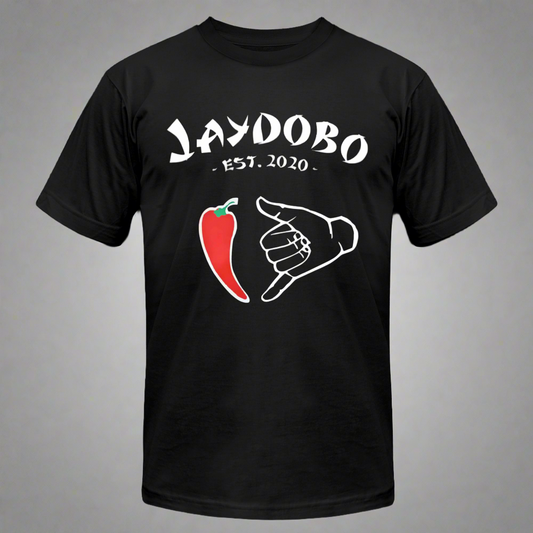 A black unisex T-shirt with the Jaydobo logo, featuring a red pepper and "hang loose" hand gesture.
