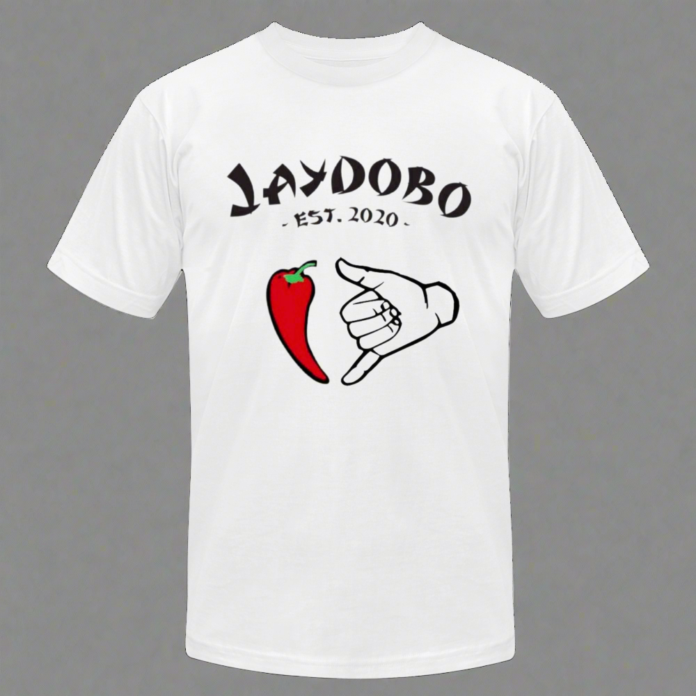 A white unisex T-shirt with the Jaydobo logo, featuring a red pepper and "hang loose" hand gesture.